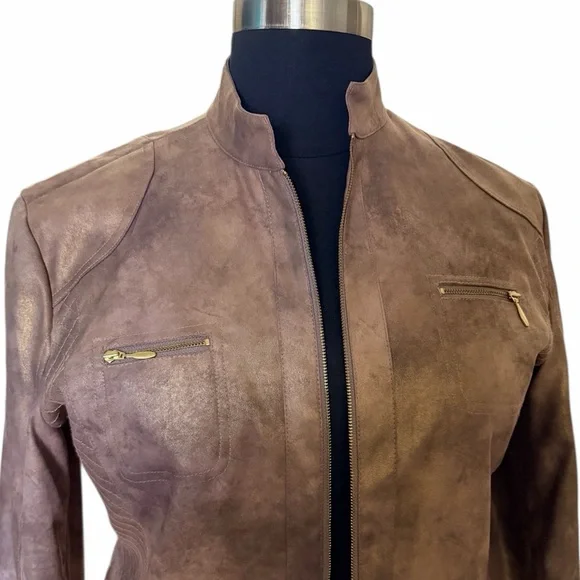 Chico's Moto Style Lined Jacket Brown Faux Suede with Metallic Shine (Size 3) - Picture 2 of 6